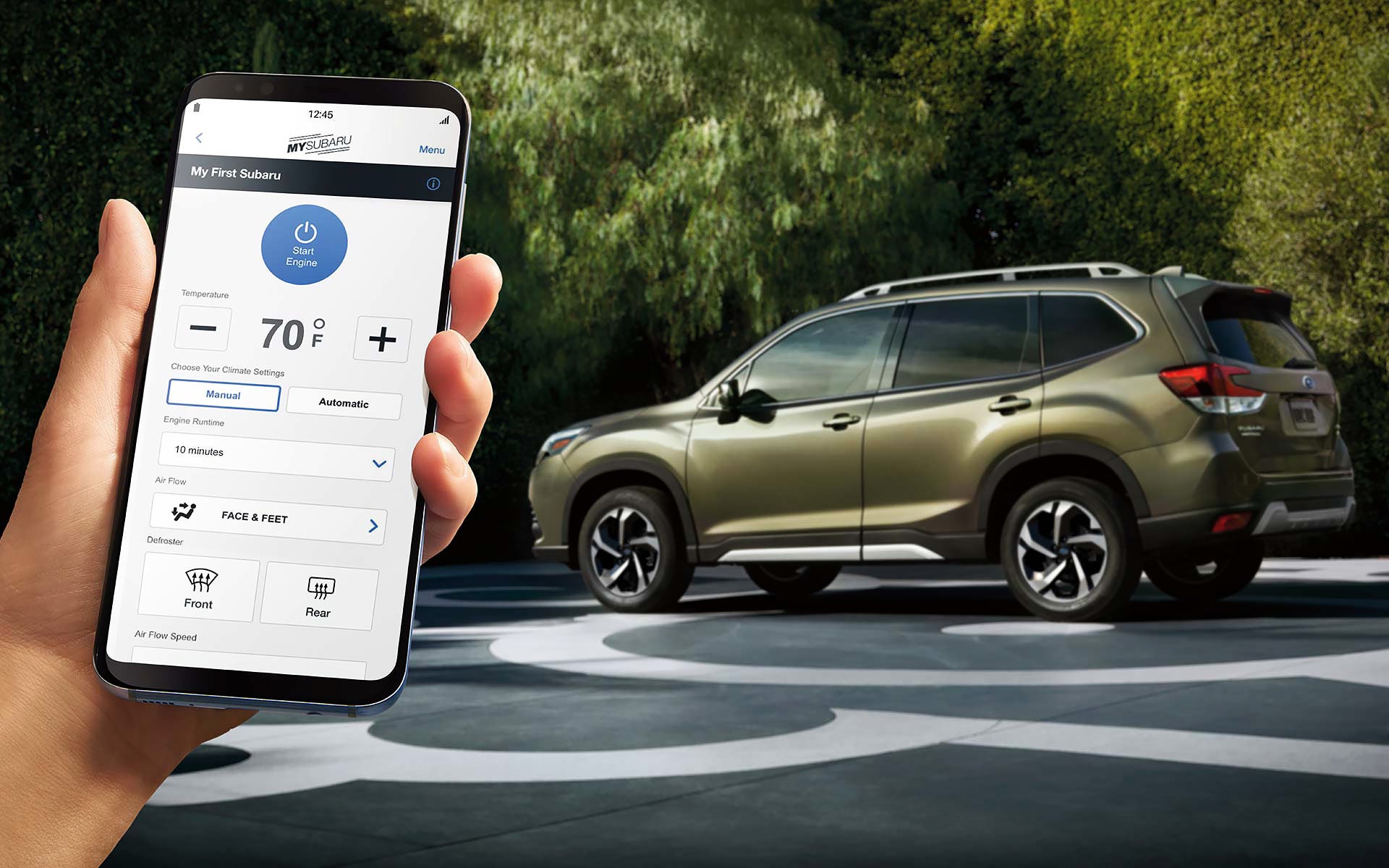 A close-up of a phone showing the Remote Engine Start with Climate Control feature of SUBARU STARLINK® Safety and Security available on the 2022 Forester. | All American Subaru of Old Bridge in Old Bridge NJ