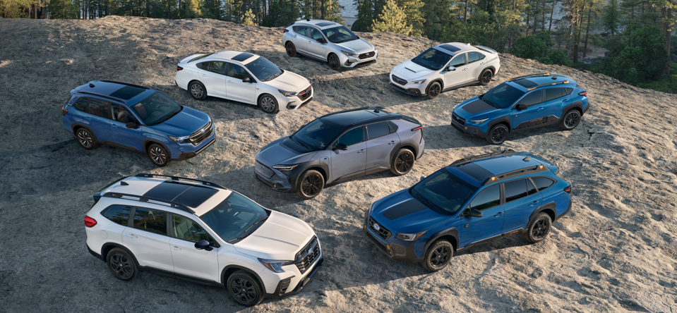 Lineup of Subaru all-wheel drive vehicles displayed together in an outdoor setting