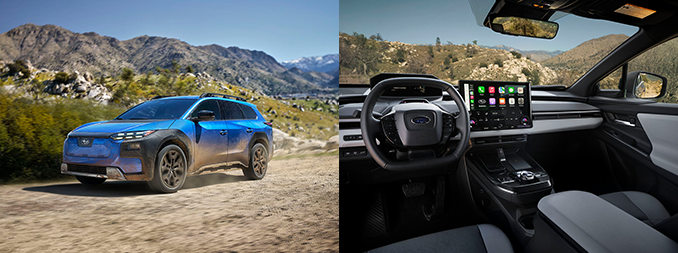 Subaru Trailseeker electric SUV shown driving off-road and interior featuring digital cockpit and touchscreen infotainment