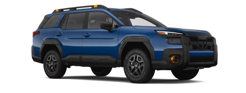 Front Angle Passenger Side or Driver Side Exterior Detail of the 2026 Outback Wilderness in Geyser Blue with Black Star Tex Urethane