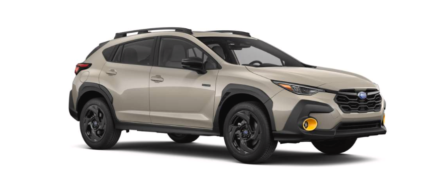 Front Angle Passenger or Driver Side Exterior Detail of the 2026 Crosstrek Sport Hybrid in Sand Dune Pearl with Sport Cloth
