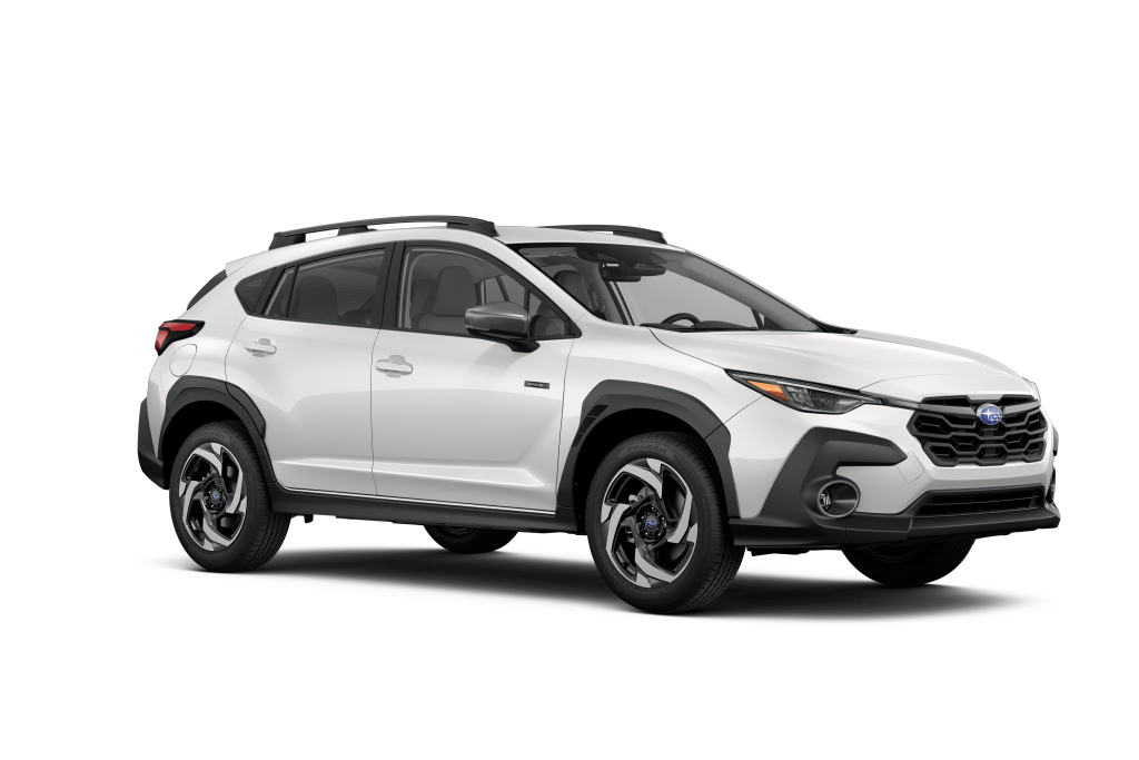 Front Angle Passenger or Driver Side Exterior Detail of the 2026 Crosstrek Limited Hybrid in Crystal White Pearl with Gray Star Tex
