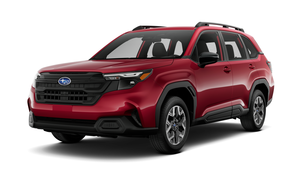 Front Angle Passenger or Driver Side Exterior Detail of the 2026 Forester Base in Crimson Red Pearl with Gray Cloth