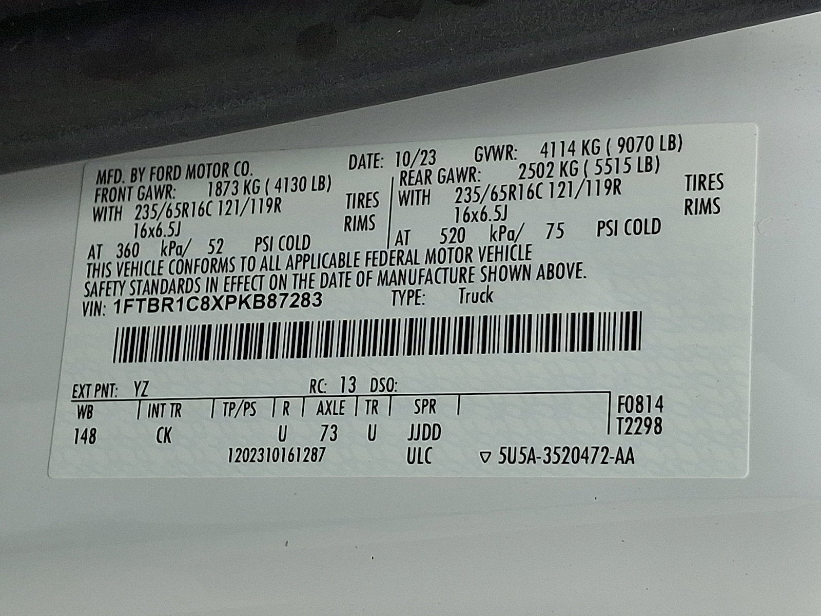 2023 Ford Transit 250 Cargo Van T-250 130" Med Rf 9070 GVWR RWD