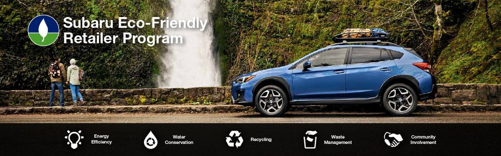 The Subaru Eco-Friendly Retailer Program logo with a blue Subaru and eco icons at bottom. | All American Subaru of Old Bridge in Old Bridge NJ